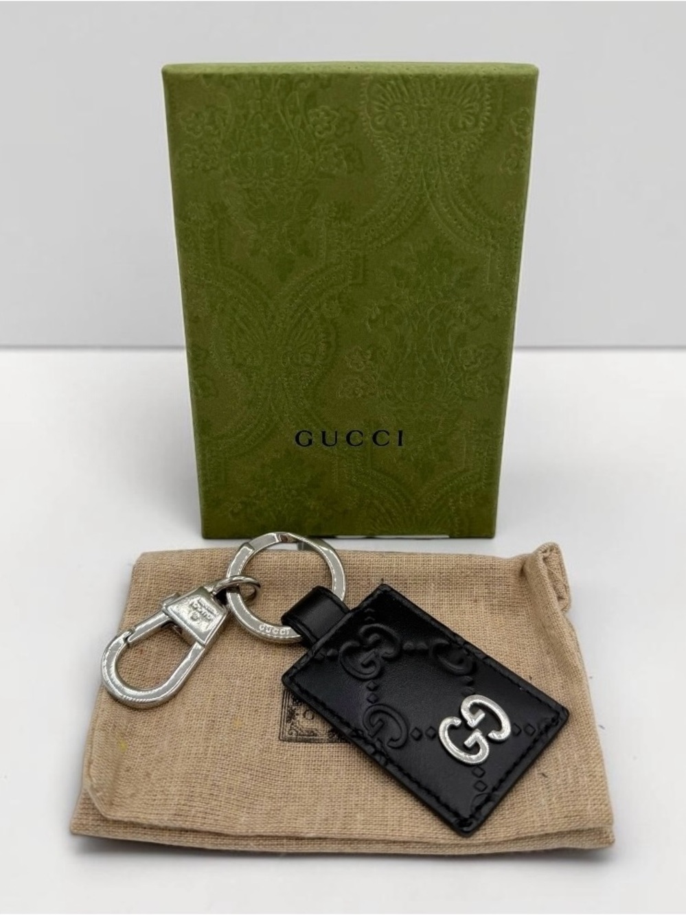 Gucci Black Leather GG Embossed Key & Card Holder with Silver Hardware